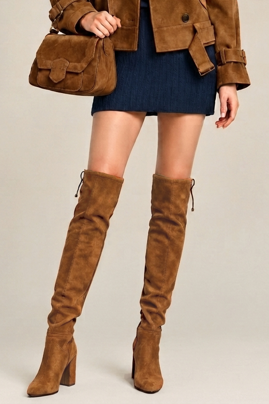 Women's cognac custom-made thigh-high boots with round toe and mid block heel - Worn view